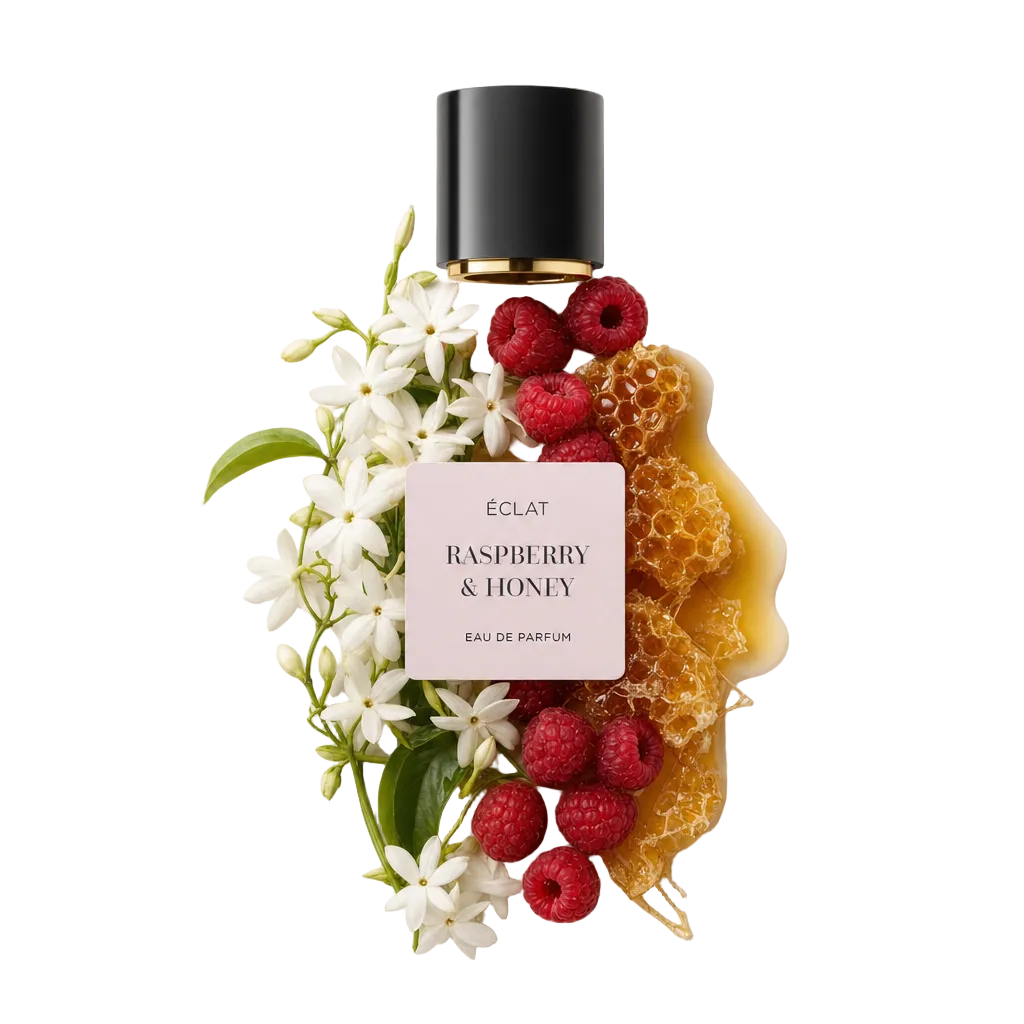Una elegante composizione di lamponi freschi, favo e fiori di gelsomino circonda un tappo nero con etichetta ÉCLAT Raspberry & Honey.