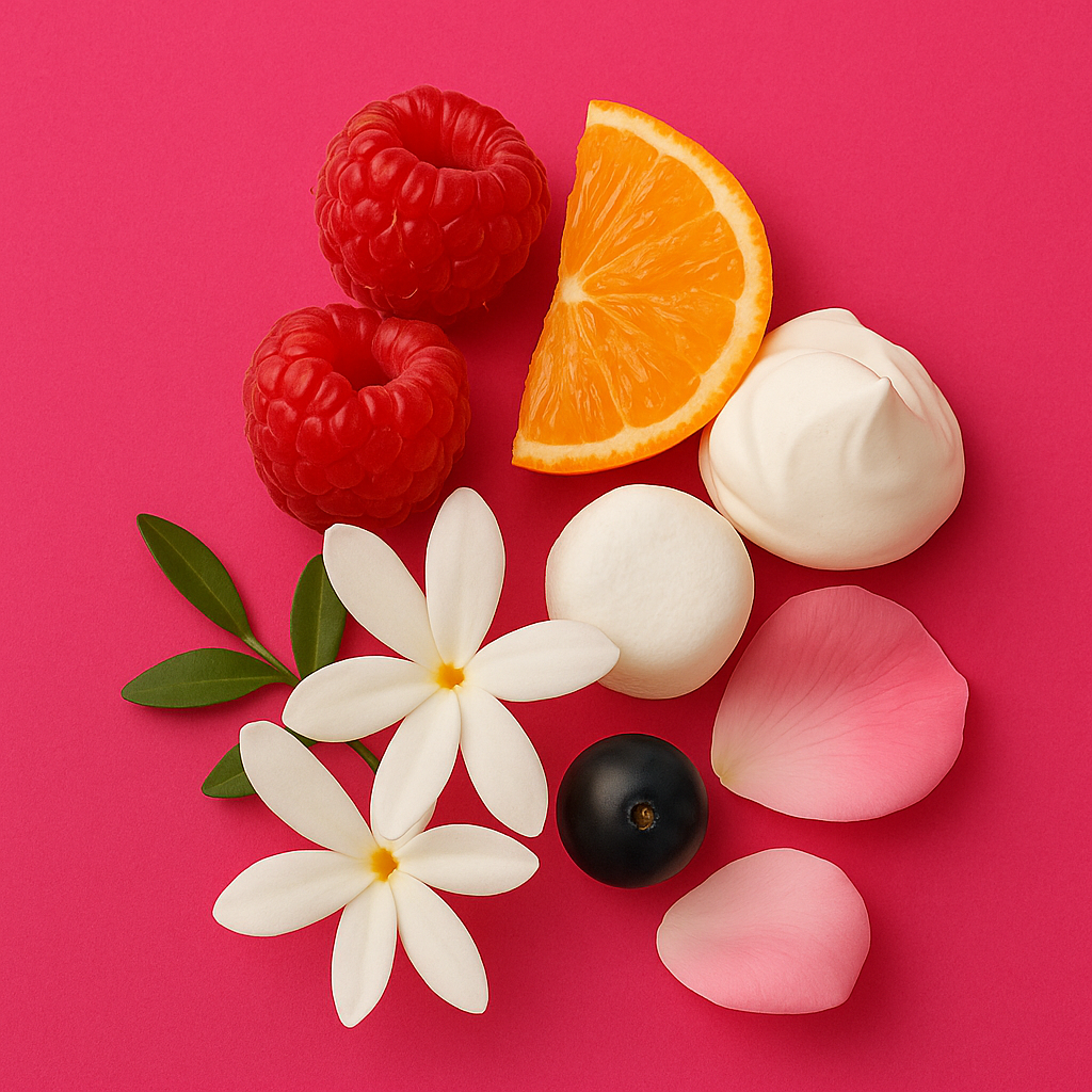 Una composizione di lamponi, una fetta d'arancia, meringhe, fiori bianchi, foglie, una ribes nero e petali rosa su uno sfondo rosa vibrante.