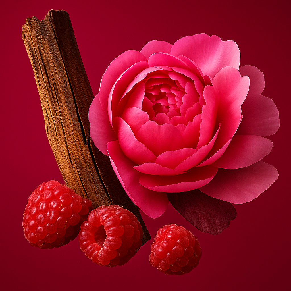Una vibrante composizione di lampone, fiore di rosa e bastoncino di cannella su uno sfondo rosso intenso.