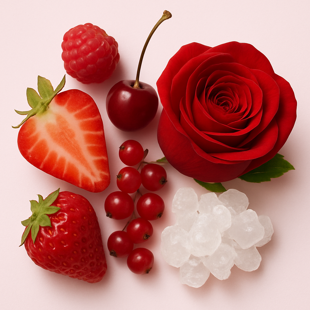 Una disposizione di bacche rosse mature, una fragola a fette, un lampone, una ciliegia, ribes, una rosa rossa e cristalli di zucchero su sfondo chiaro.
