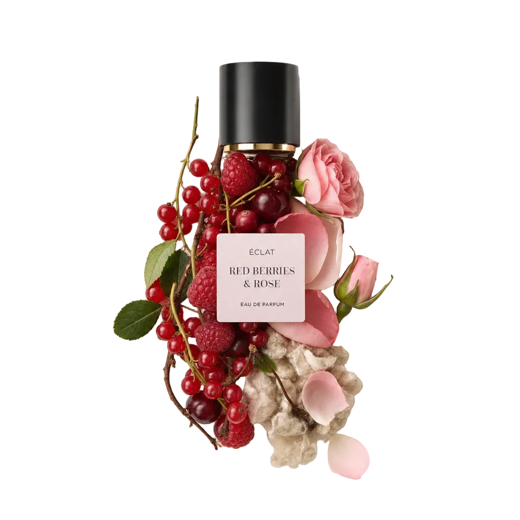 Una composizione di bacche rosse, lamponi e rose rosa circonda un tappo nero con etichetta ÉCLAT Red Berries & Rose.