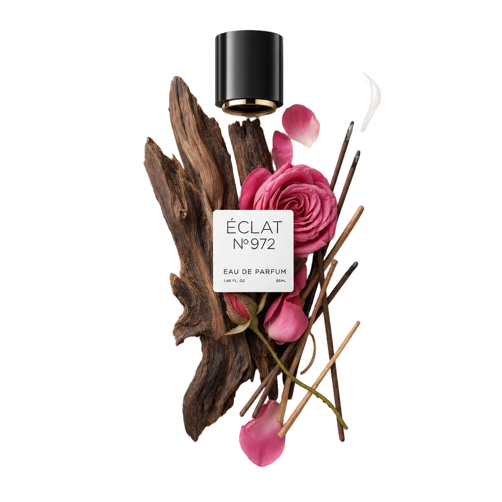 Un arrangiamento artistico con un pezzo di legno di oud, petali di rosa rosa e bastoncini di incenso, con un tappo nero che mostra l'etichetta ÉCLAT Resinous Oud.