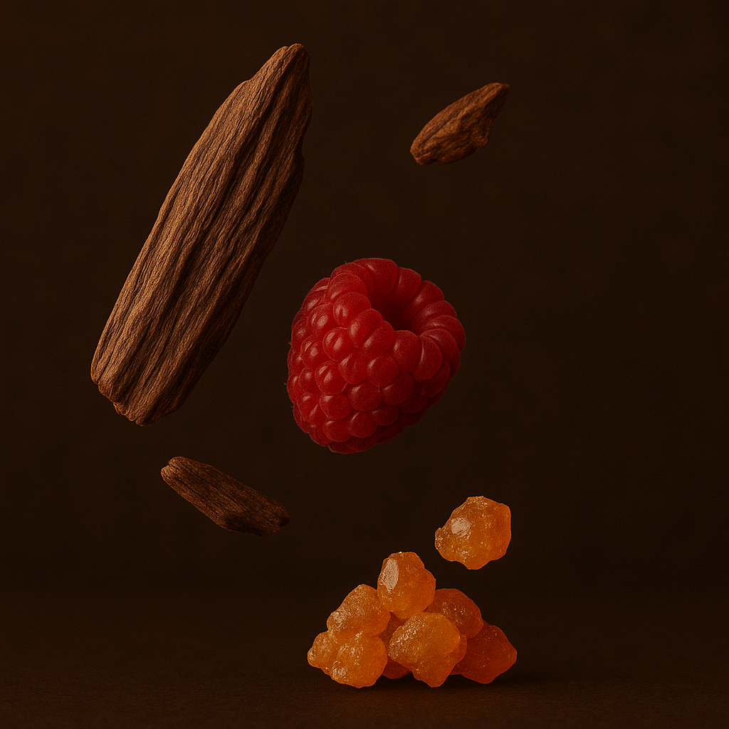 Pezzi fluttuanti di legno di oud, un lampone rosso e resina d'ambra su uno sfondo marrone scuro, evidenziando l'essenza di ÉCLAT Resinous Oud.