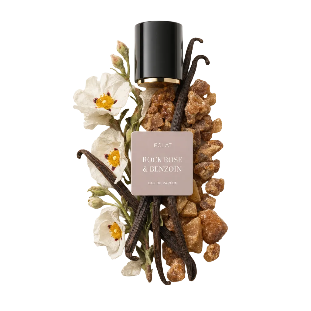 Un arrangiamento di baccelli di vaniglia, fiori di cisto e resina di benzoino circonda un tappo nero con bordo dorato e etichetta ÉCLAT Rock Rose & Benzoin.