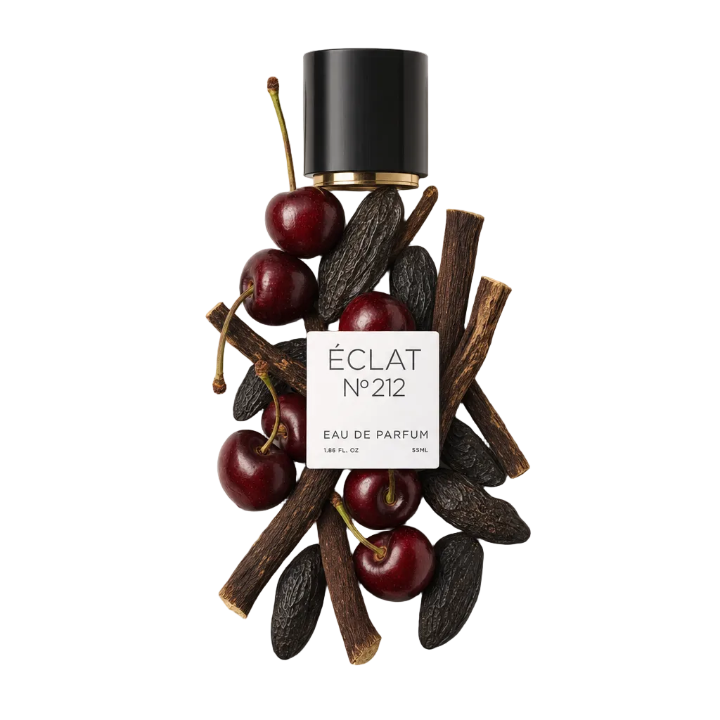 Un arrangiamento di ciliegie fresche e baccelli di vaniglia circonda un tappo nero con accento dorato, caratterizzato dall'etichetta ÉCLAT Rose & Cherry.