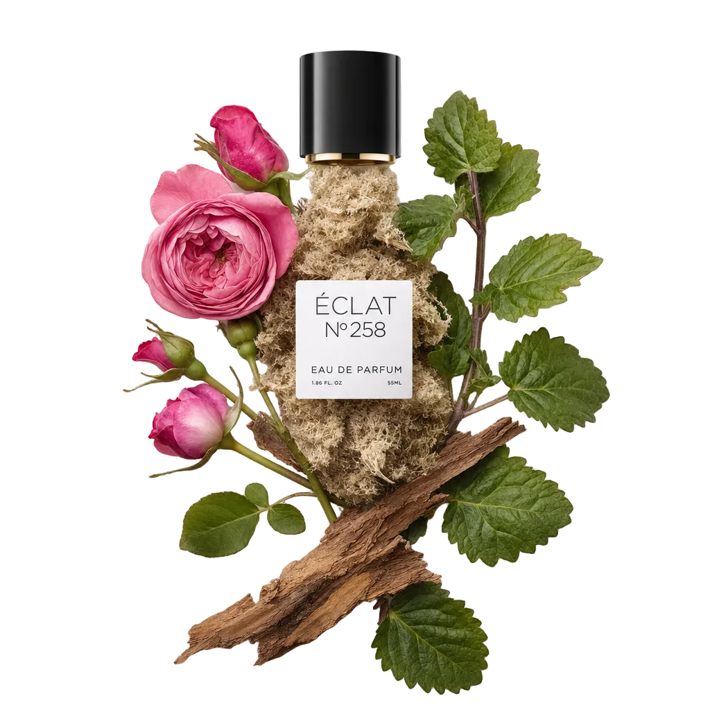 Una composizione organizzata a mano di petali di rosa freschi, muschio morbido ed elementi legnosi, con tappo nero e etichetta di ÉCLAT Rose, Musc & Woods sopra.