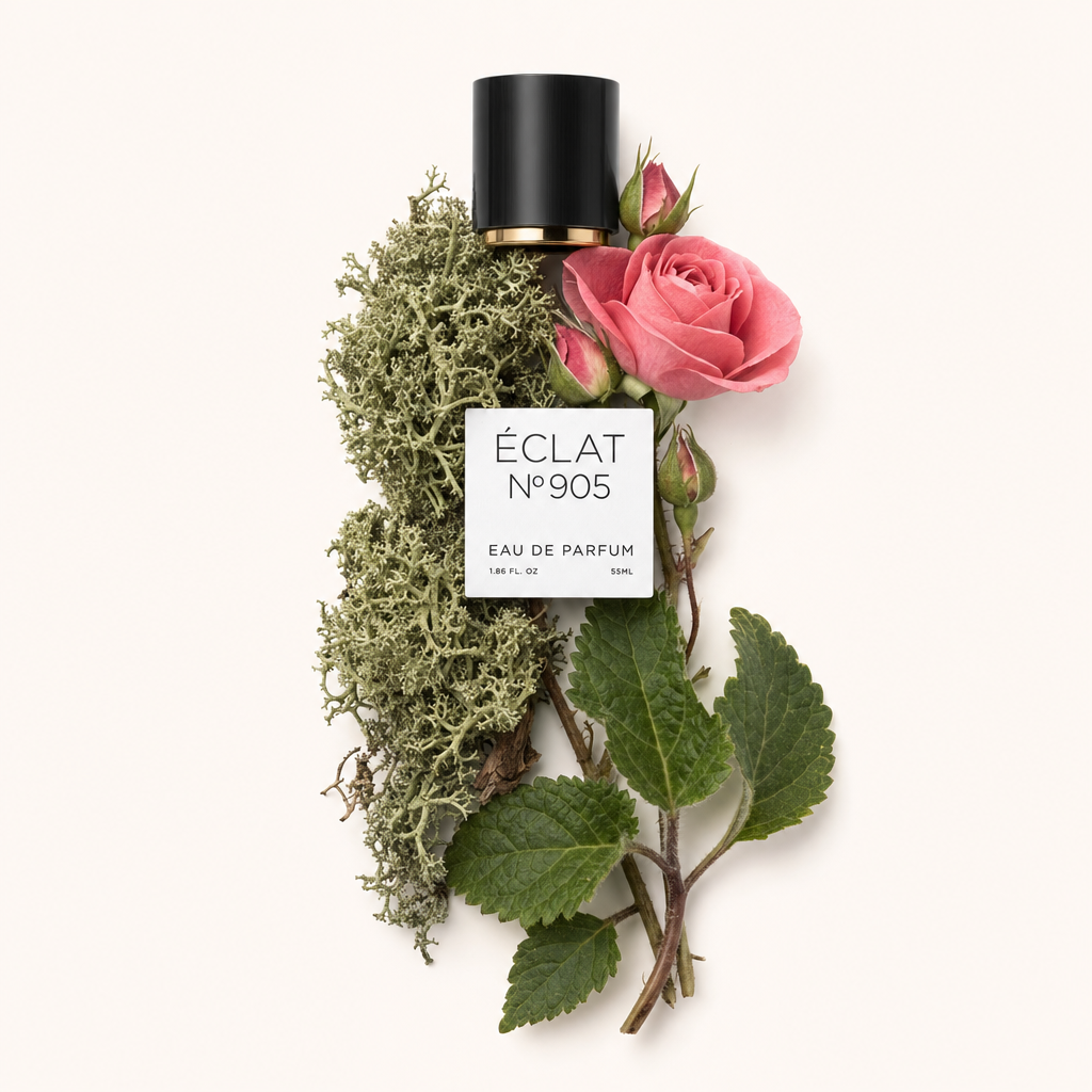 Un arrangiamento di muschio di quercia verde, una delicata rosa rosa e foglie verdi accompagna un tappo nero con accento dorato, etichettato ÉCLAT 905 VIP.
