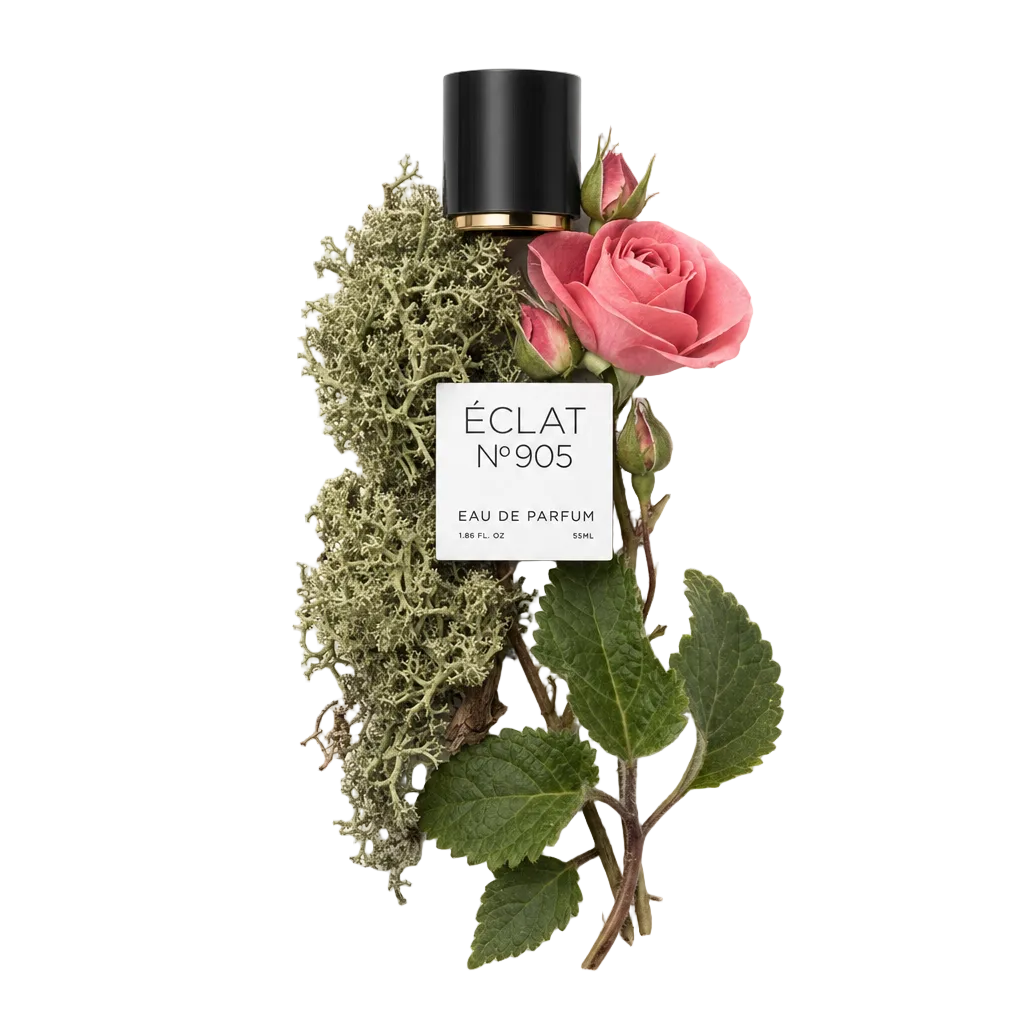 Un arrangiamento di muschio di quercia verde, una delicata rosa rosa e foglie verdi accompagna un tappo nero con accento dorato, etichettato ÉCLAT 905 VIP.