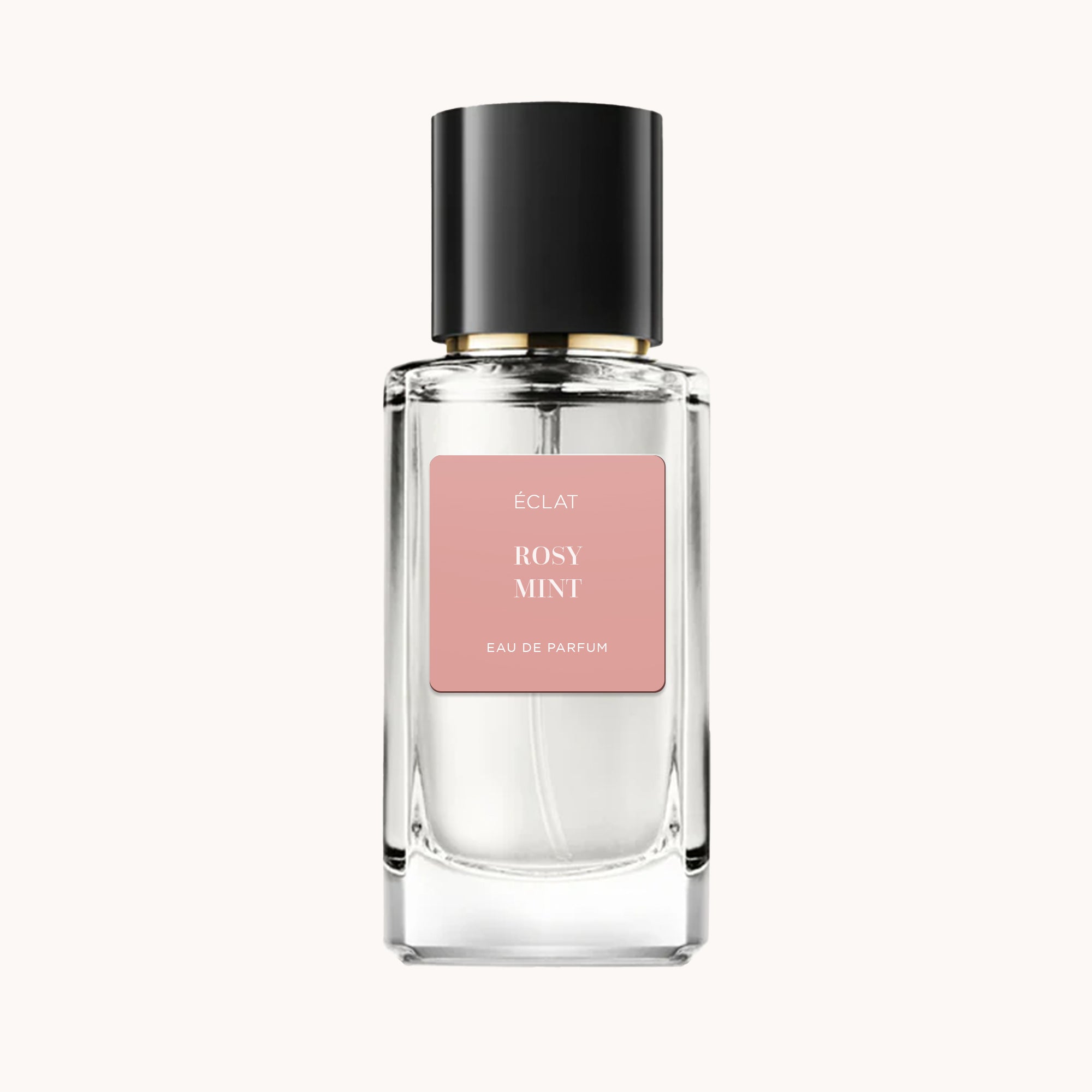 ÉCLAT Rosy Mint in una bottiglia di vetro trasparente con tappo nero e etichetta rosa.