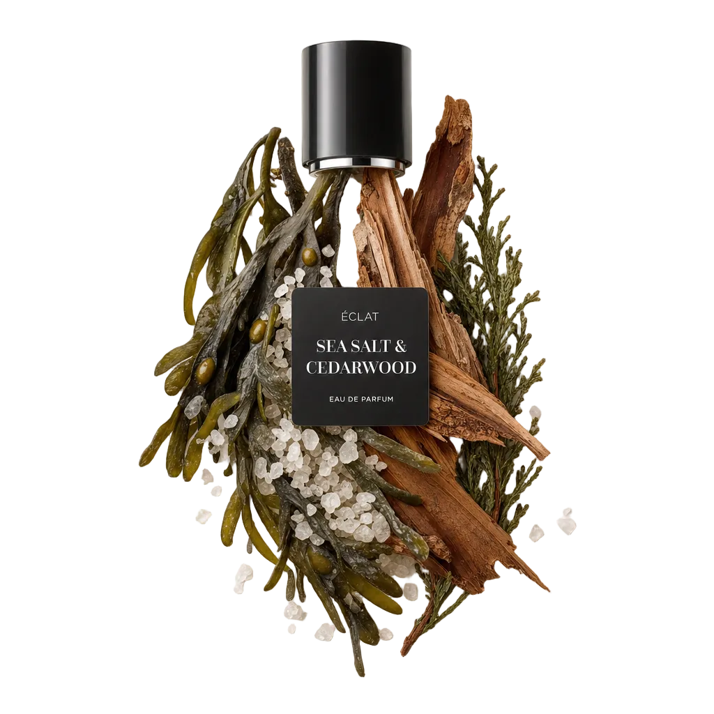 Una composizione di alghe, cristalli di sale, legno di cedro e ramoscelli verdi circonda un tappo nero con etichetta ÉCLAT Sea Salt & Cedarwood.