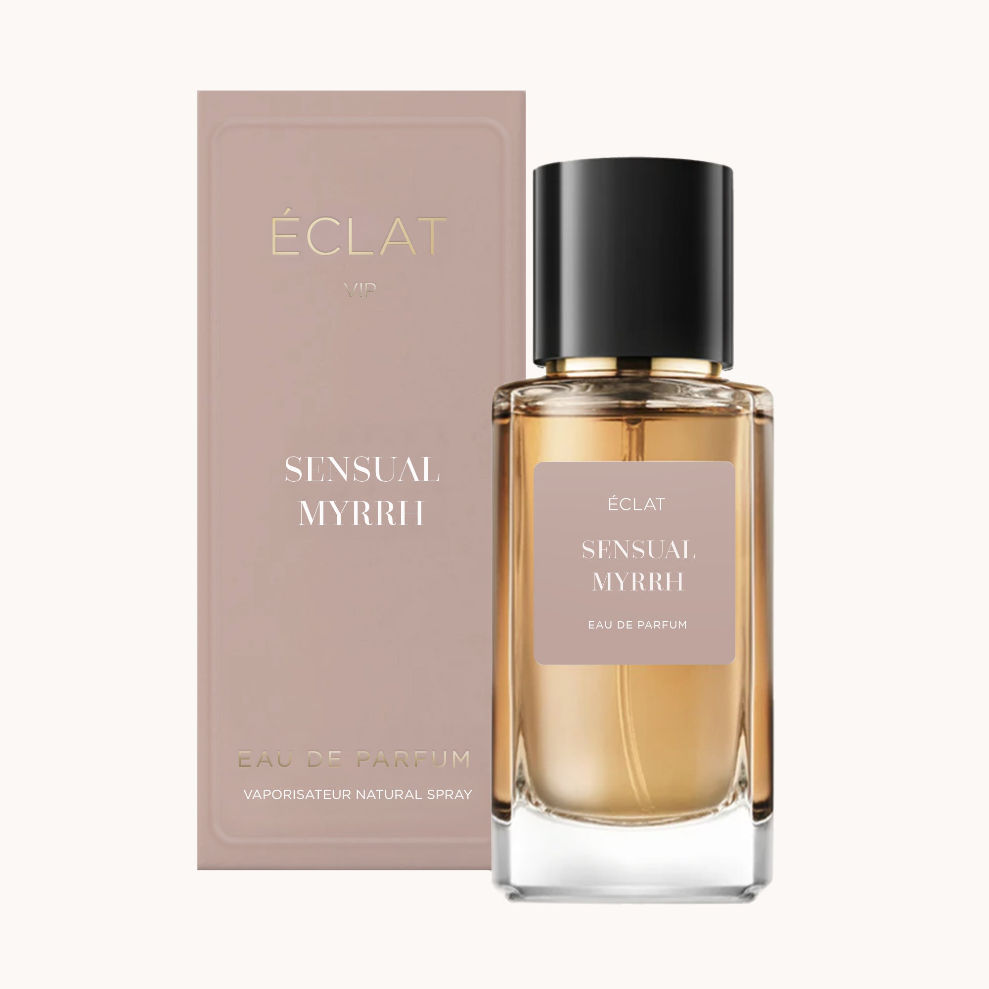 La bottiglia del profumo ÉCLAT Sensual Myrrh con tappo elegante accanto alla sua elegante scatola opaca color talpa.