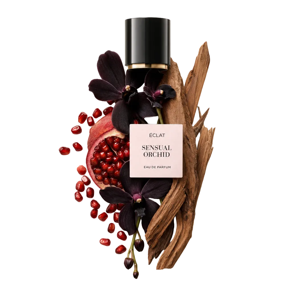 Una composizione di semi di melograno, fiori di orchidea scura e bastoncini di legno circonda il tappo nero originale di ÉCLAT Sensual Orchid con etichetta.