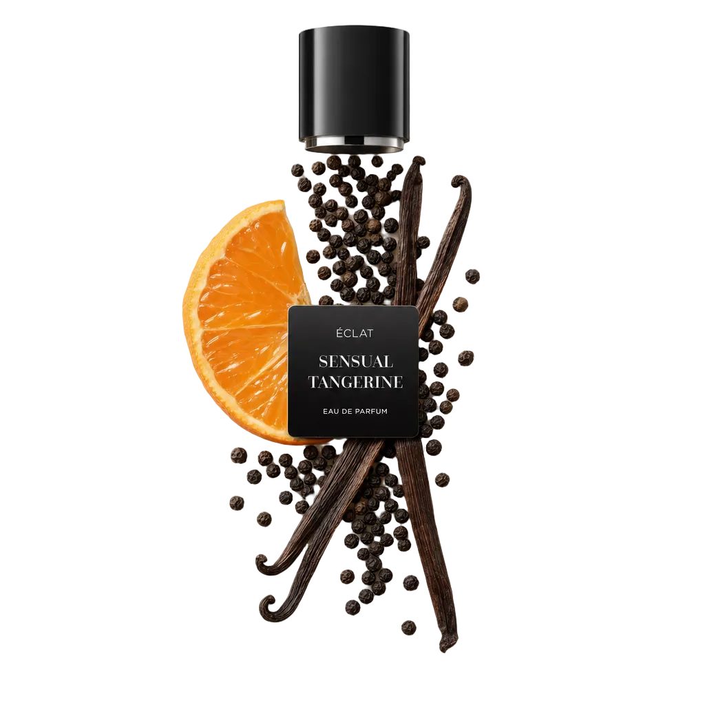 Una natura morta composta a mano con una fetta di mandarino, baccelli di vaniglia e grani di pepe circonda un'etichetta ÉCLAT Sensual Tangerine. Sopra c'è un tappo nero.