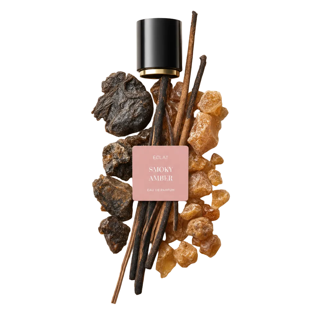Un arrangiamento di pezzi d'ambra, bastoncini di legno secco e resina scura con il tappo ÉCLAT Smoky Amber in design nero e oro.