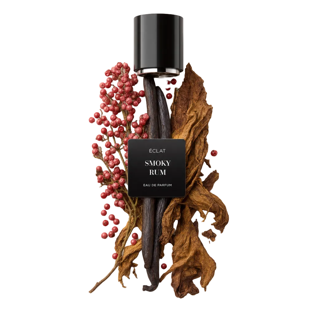 Una disposizione di foglie di tabacco secche, bacche di pepe rosa e baccelli di vaniglia circonda un tappo nero con etichetta ÉCLAT Smoky Rum.
