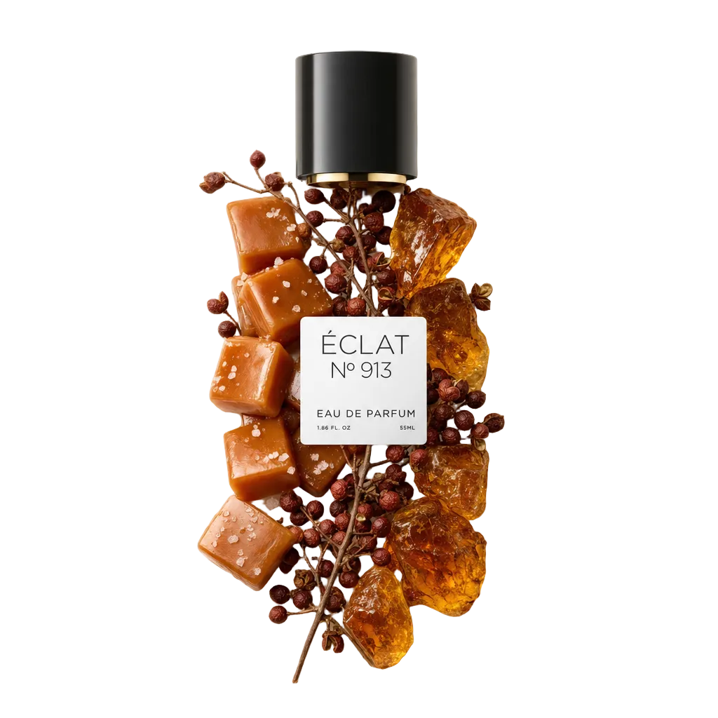 Una natura morta disposta a mano degli ingredienti di ÉCLAT Spicy Caramel con cubi di caramello, pezzi di resina ambrata e bacche di pepe attorno a un tappo nero con etichetta.