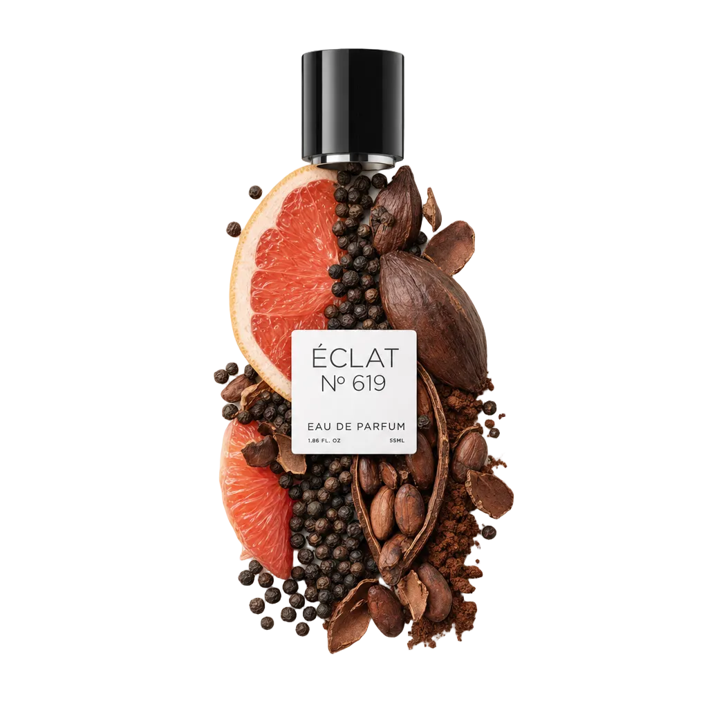 Natura morta degli ingredienti del profumo ÉCLAT Spicy Cocoa: fette di pompelmo, fave di cacao e grani di pepe disposti intorno a un tappo nero con etichetta.