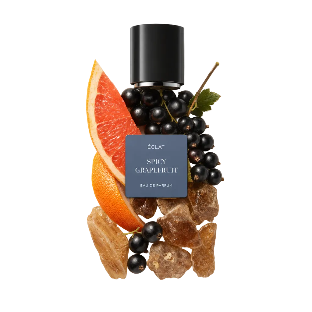 Un arrangiamento di una fetta di pompelmo, ribes nero e cristalli di ambra circonda un tappo nero con etichetta ÉCLAT Spicy Grapefruit.
