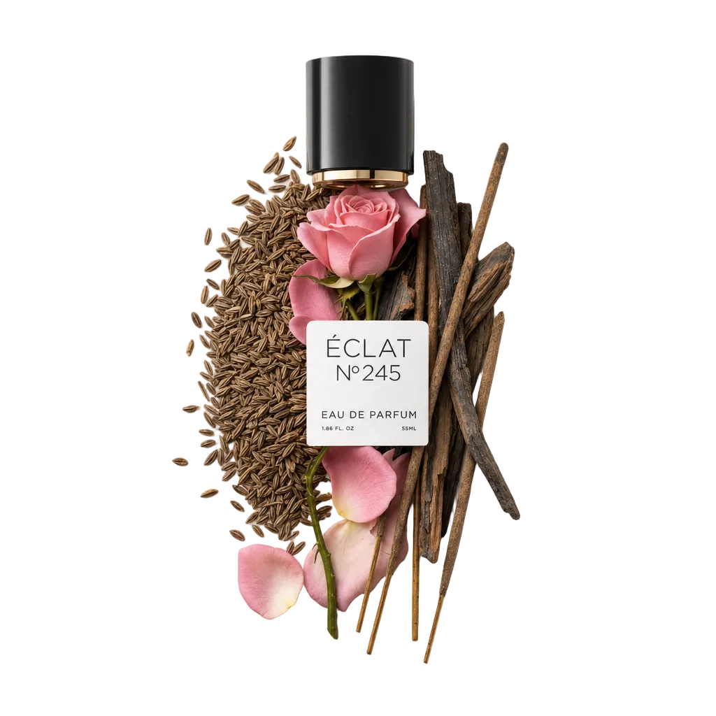 Una disposizione di petali di rosa, semi di cumino e bastoncini d'incenso circonda un cappuccio nero ÉCLAT con un'etichetta elegante.