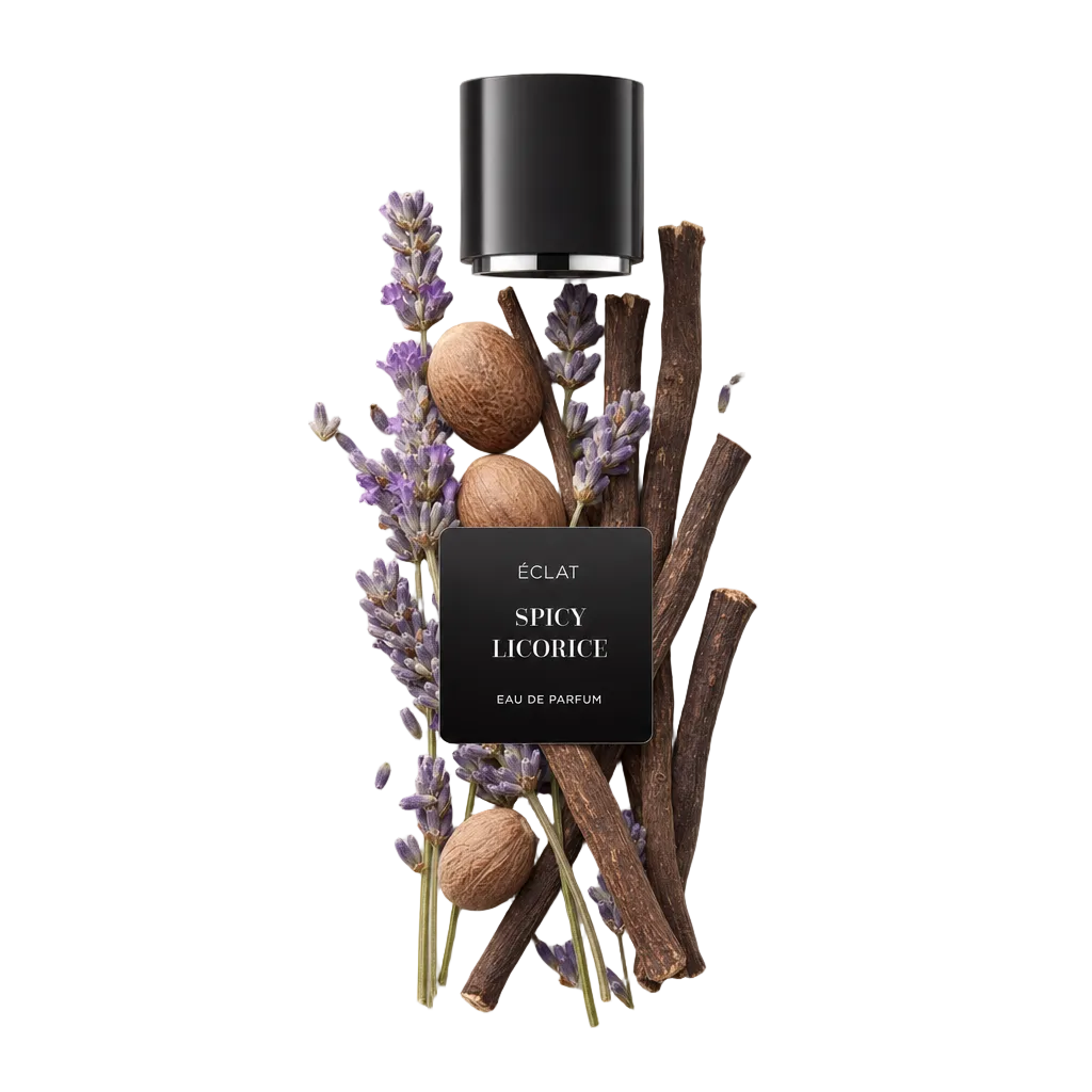 Un arrangiamento di ramoscelli di lavanda, semi di noce moscata e bastoncini di liquirizia con un tappo nero ÉCLAT Spicy Licorice sopra, con etichetta elegante.