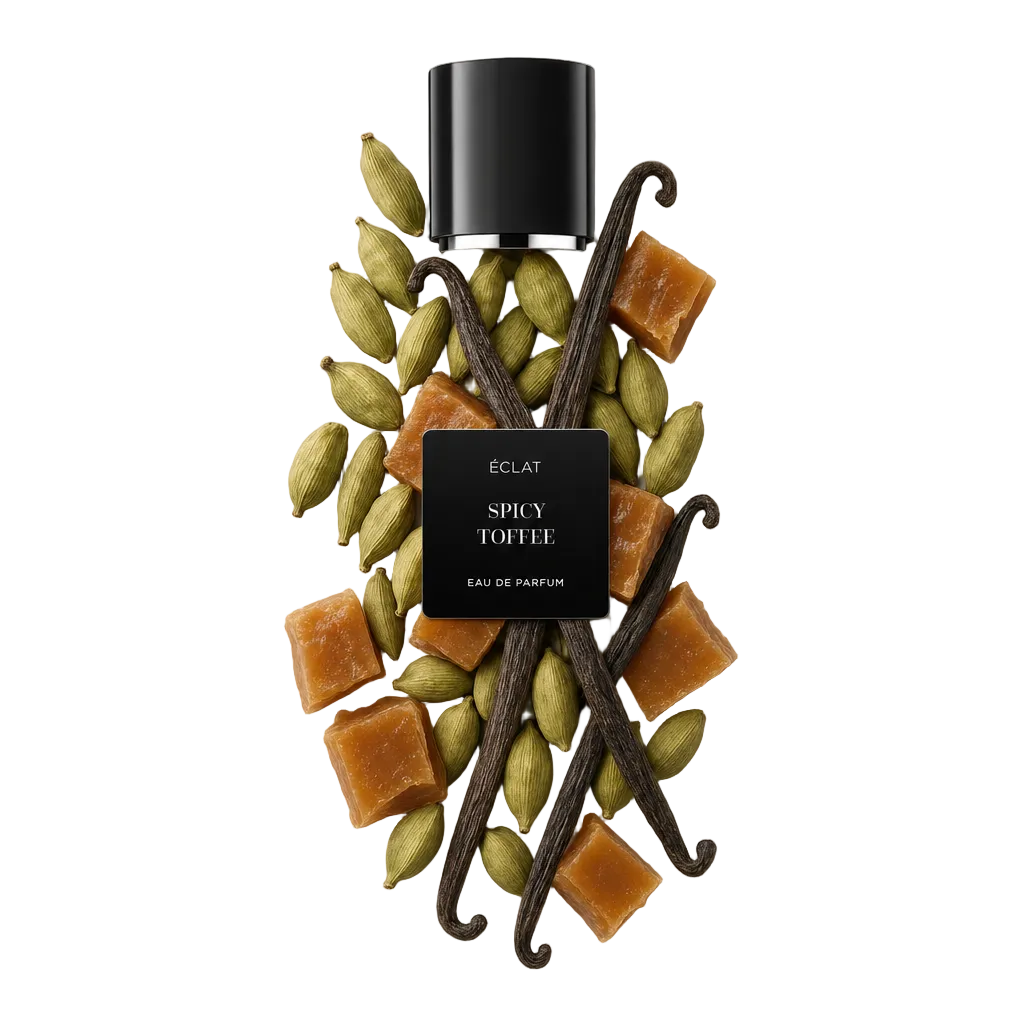 Una composizione artistica di baccelli di cardamomo, bacche di vaniglia e pezzi di caramello circonda il tappo nero con una targhetta etichettata ÉCLAT Spicy Toffee Eau de Parfum.