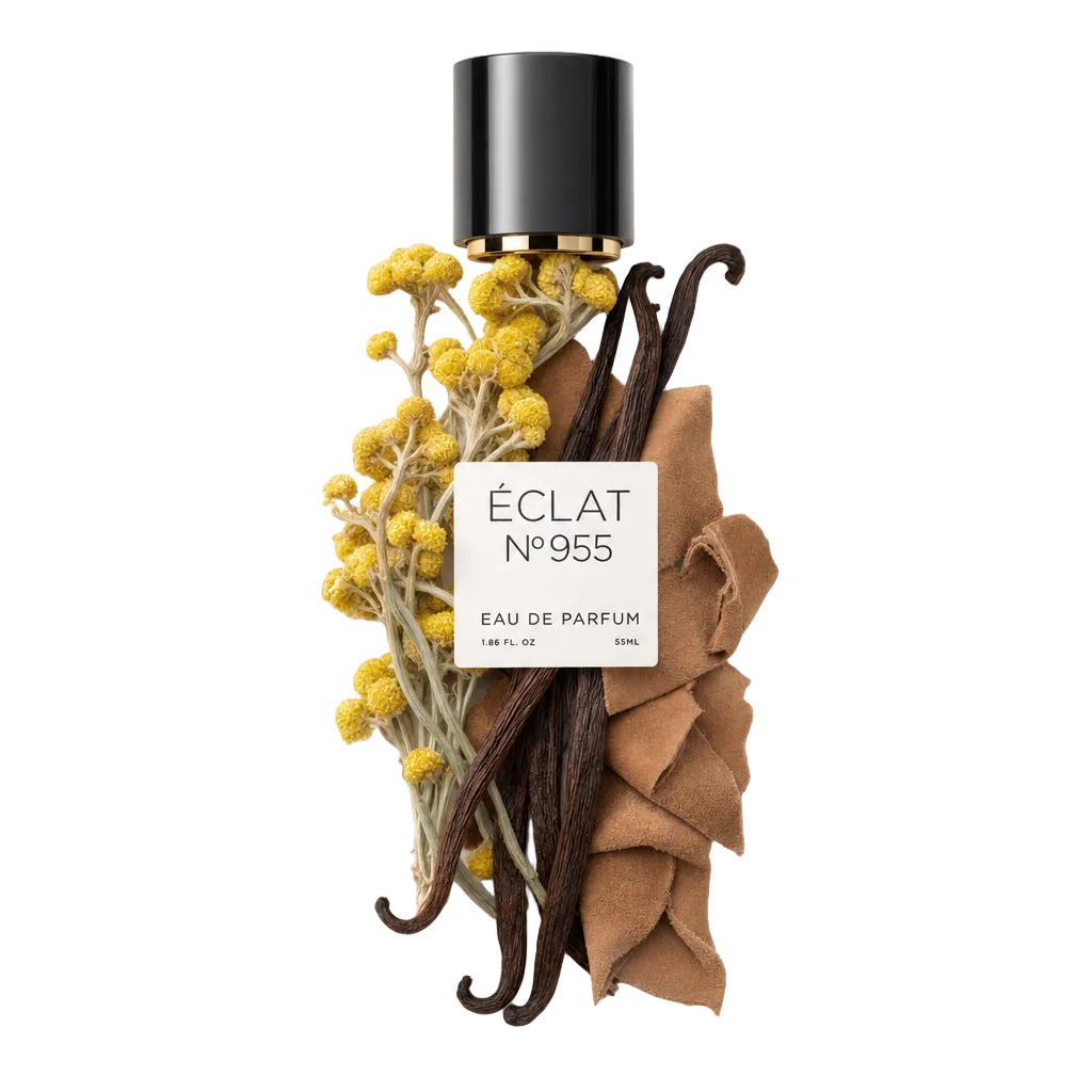 Un arrangiamento di fiori gialli, baccelli di vaniglia e pezzi di camoscio circonda il tappo nero originale con etichetta per ÉCLAT Suede & Vanilla.