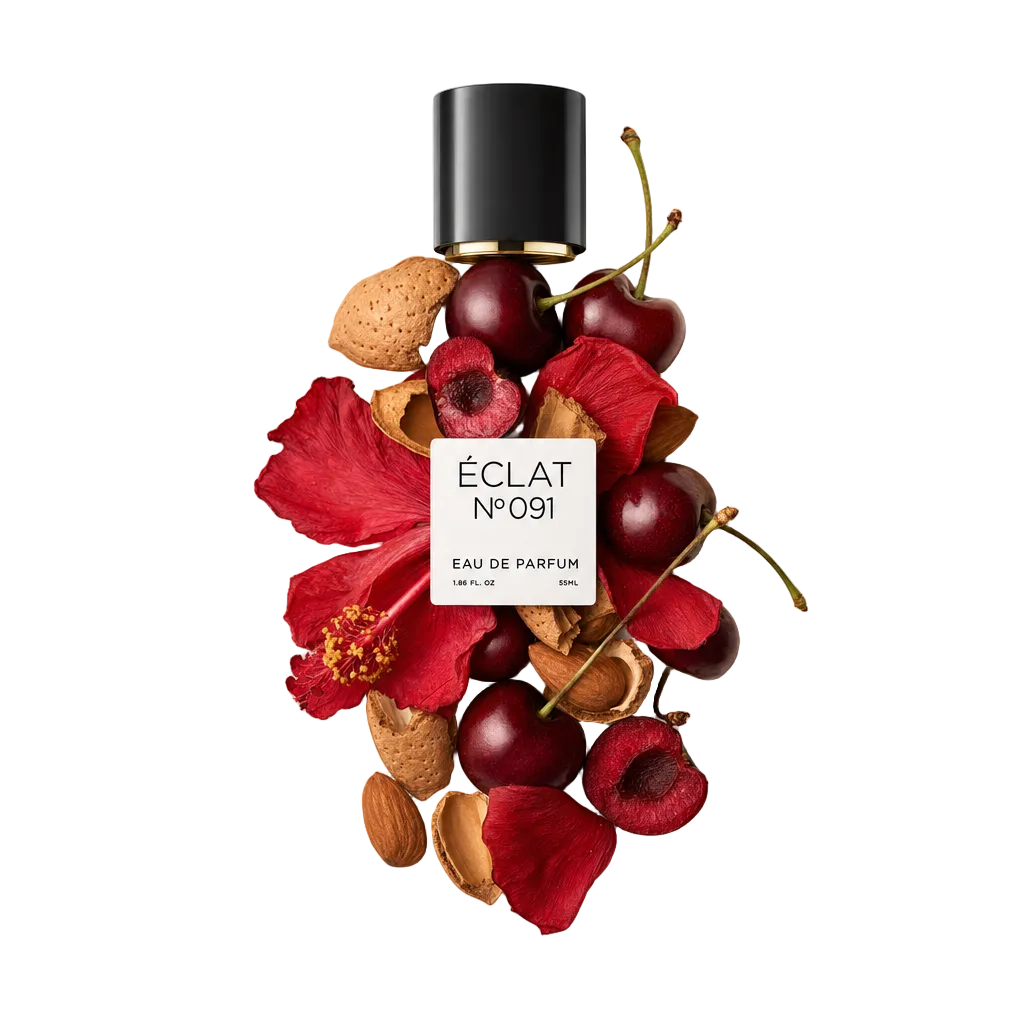 Una composizione di ciliegie, gusci di mandorle e petali di ibisco rosso circonda un tappo nero con etichetta ÉCLAT Sweet Amaretto.
