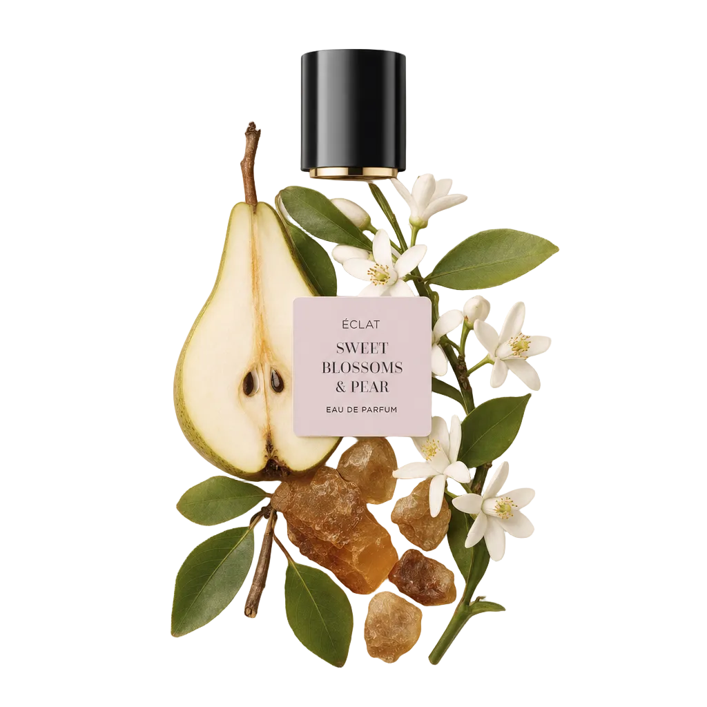 Una composizione curata con una pera affettata, delicati fiori bianchi e resina simile all'ambra con sopra il tappo originale ÉCLAT, etichettato 'Sweet Blossoms & Pear'.