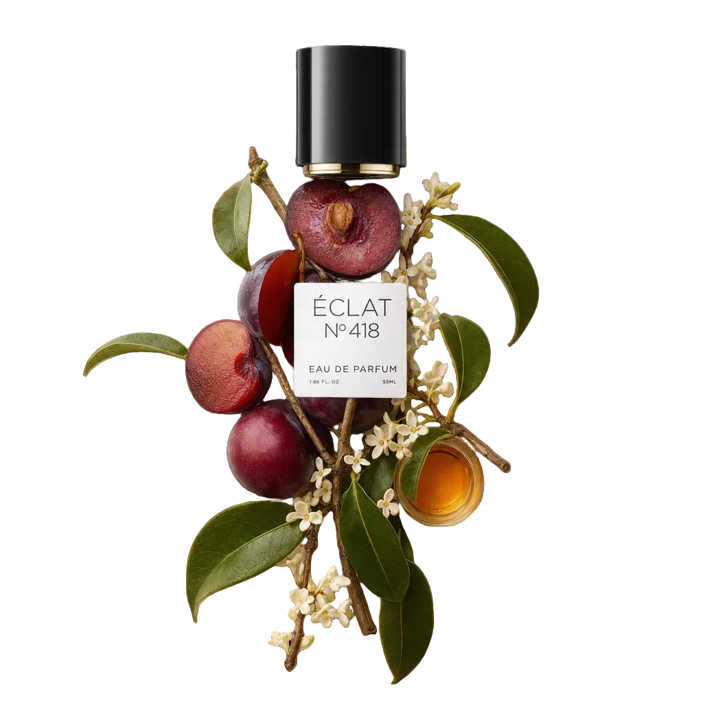 Una composizione di prugne fresche, foglie verdi e delicati fiori con un tappo nero ed etichetta per ÉCLAT Sweet Cherry Plum.