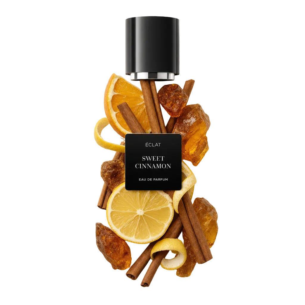 Un arrangiamento di bastoncini di cannella, fette di agrumi e resina ambrata attorno a un tappo nero con etichetta ÉCLAT Sweet Cinnamon.