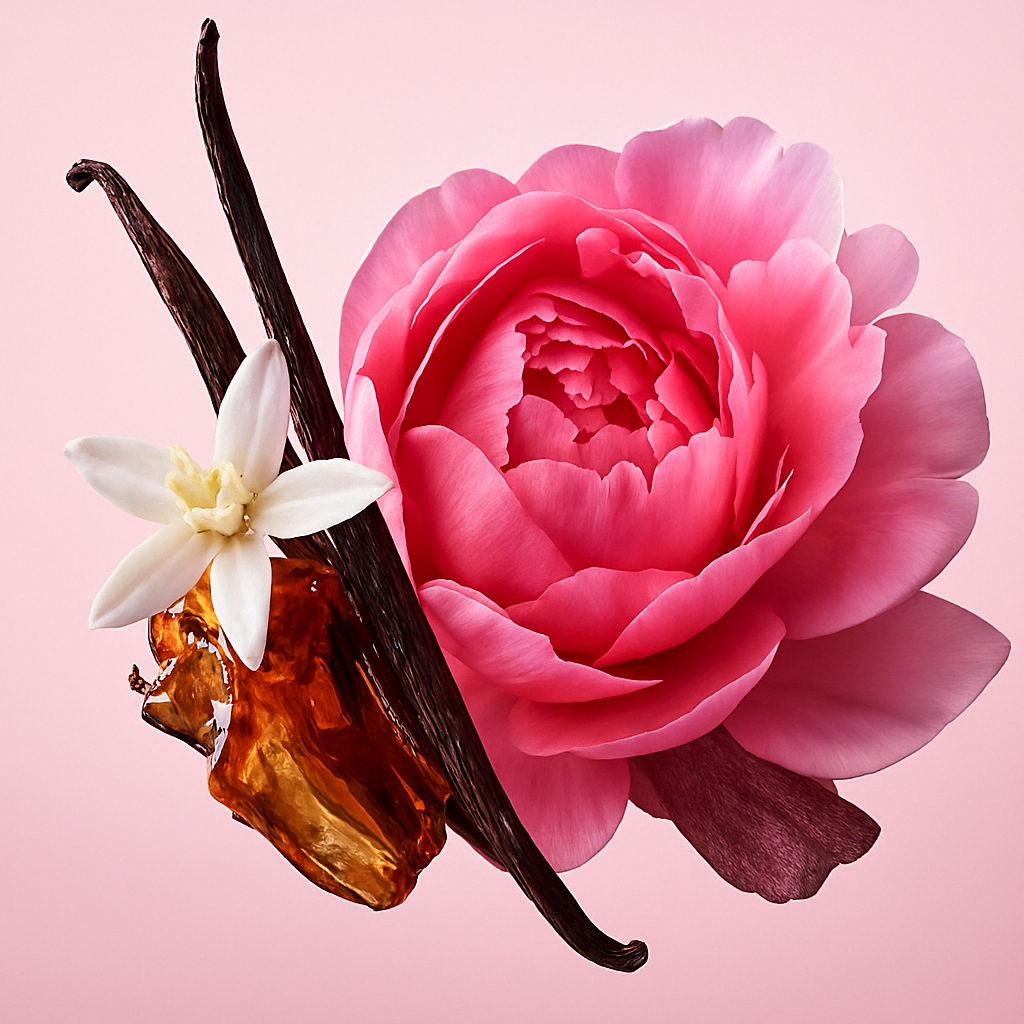 Una composizione con una peonia rosa, baccello di vaniglia, fiore bianco e resina d'ambra su uno sfondo rosa tenue, che rappresenta ÉCLAT Sweet Gunpowder.