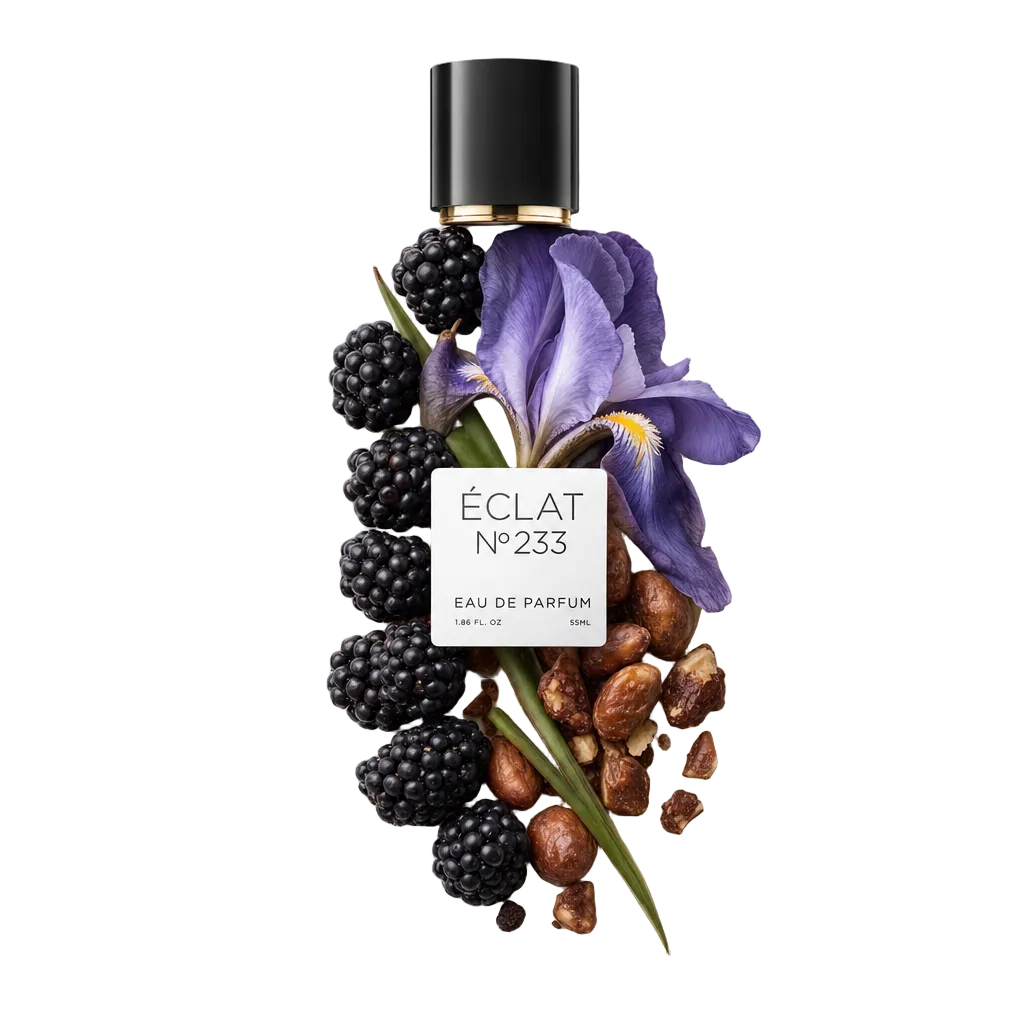 Una composizione di more, fiore di iris e noci con il tappo nero e l'etichetta di ÉCLAT Sweet Iris, evidenziando le note principali della fragranza.