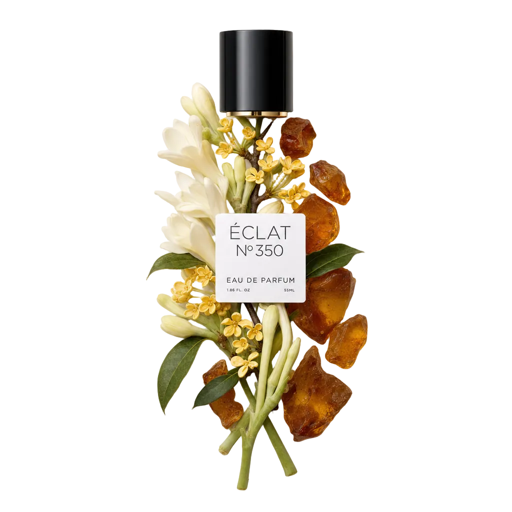 Un arrangiamento di fiori di osmanto, tuberosa e pietre di ambra, con il tappo nero e l'etichetta di ÉCLAT sopra.