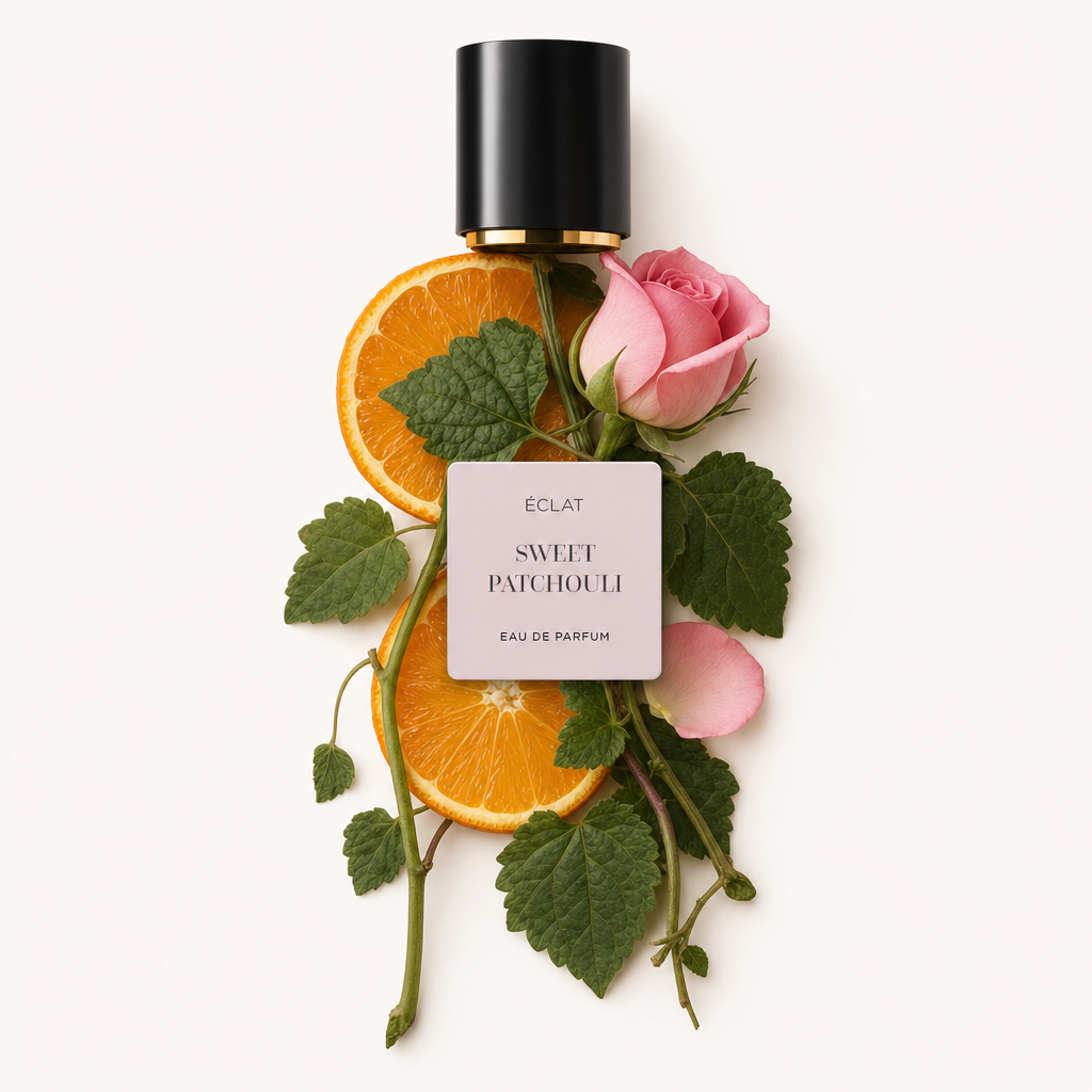Un arrangiamento di fette d'arancia, rosa rosa e foglie di patchouli circonda un tappo nero con decorazione dorata, etichettato ÉCLAT Sweet Patchouli.