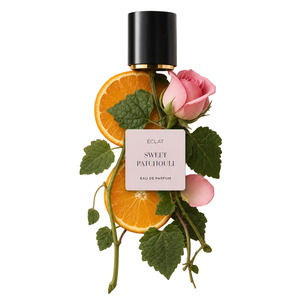 Un arrangiamento di fette d'arancia, rosa rosa e foglie di patchouli circonda un tappo nero con decorazione dorata, etichettato ÉCLAT Sweet Patchouli.