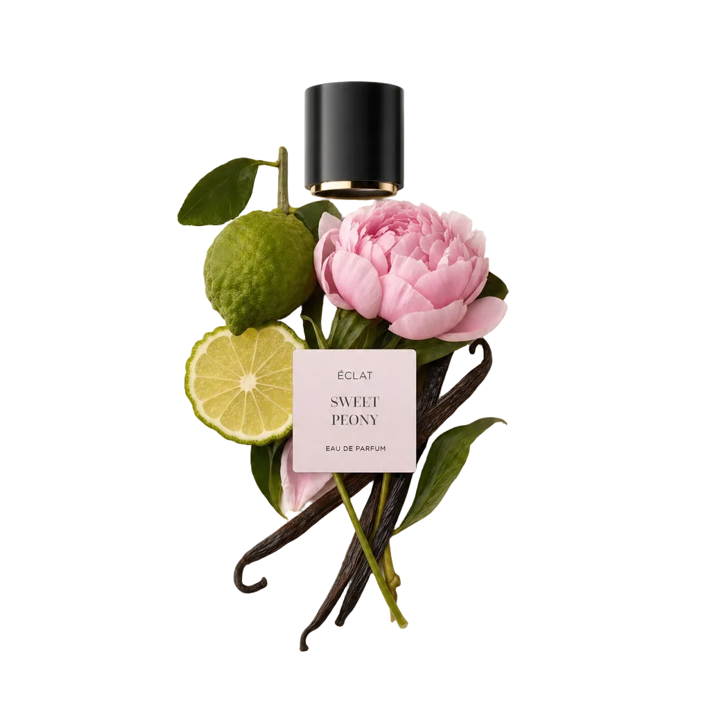 Una composizione di bergamotto fresco, delicata peonia rosa e baccelli di vaniglia aromatici, accanto a un tappo nero con etichetta ÉCLAT Sweet Peony.