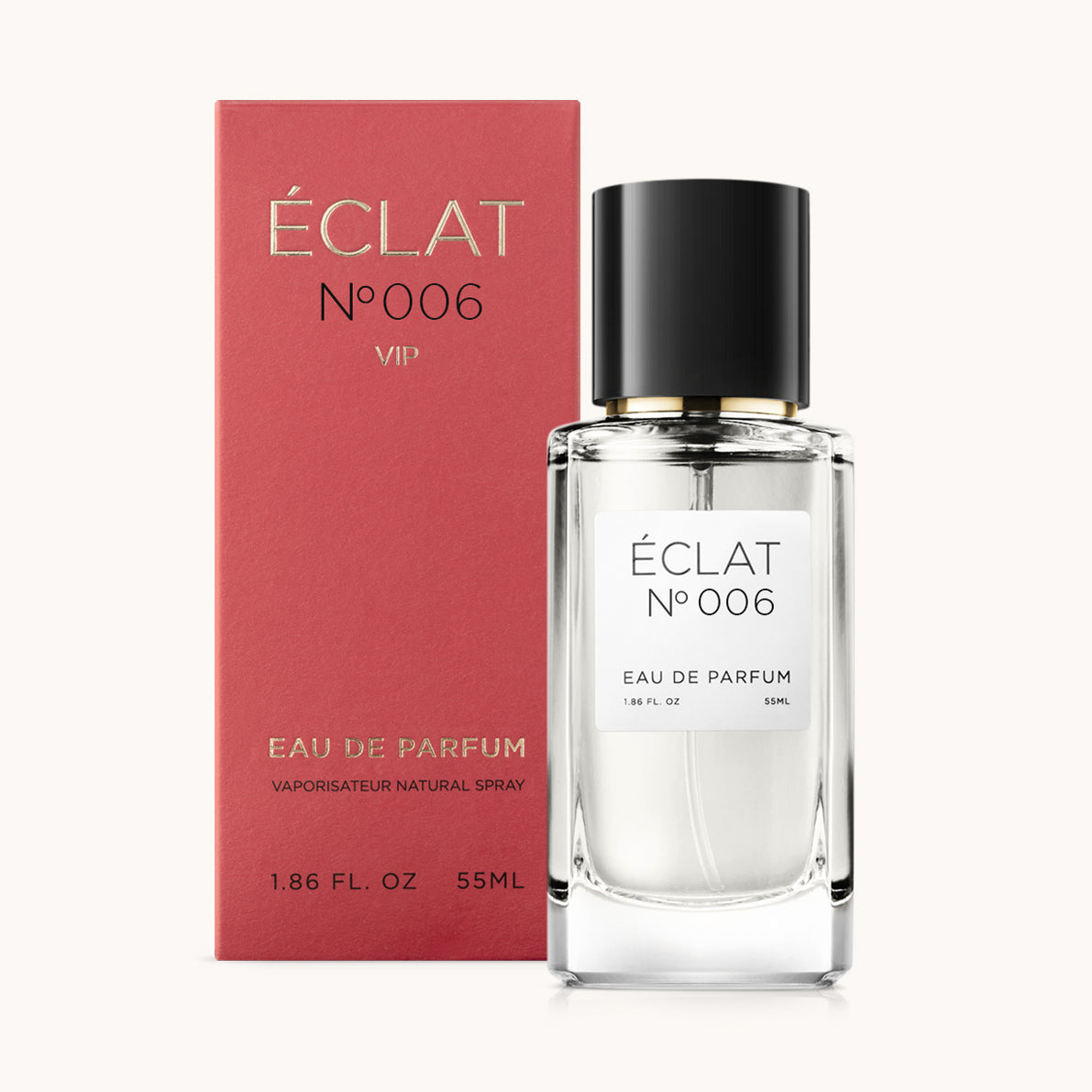 Fragranza ÉCLAT Sweet Red Currant con flacone in vetro trasparente e tappo nero, accanto a una scatola rossa.