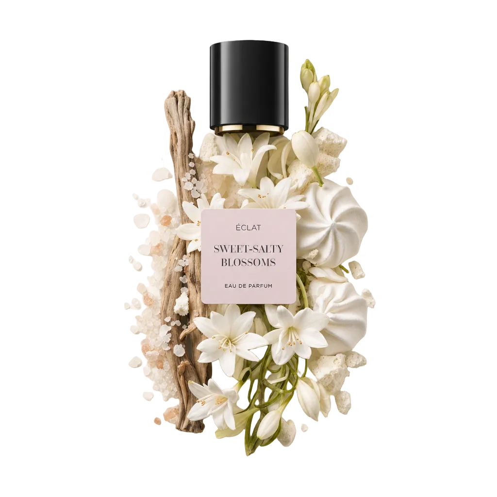 Un arrangiamento di fiori bianchi, meringhe, cristalli di sale e legno alla deriva circonda un tappo nero di ÉCLAT Sweet-Salty Blossoms con etichetta.