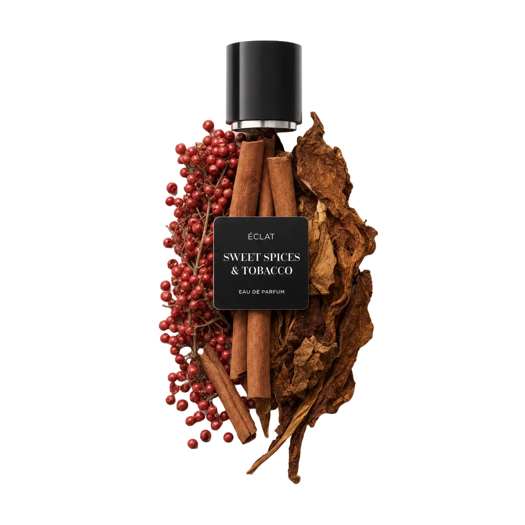 Un arrangiamento di bastoncini di cannella, grani di pepe rosso e foglie di tabacco essiccate con un tappo nero etichettato ÉCLAT Sweet Spices & Tobacco.