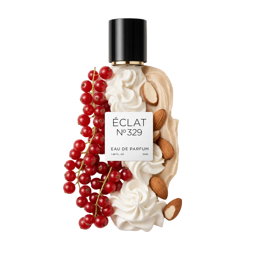 Un arrangiamento artistico di vortici cremosi, mandorle e ribes rossi vivaci, che circondano un tappo nero con etichetta ÉCLAT Sweet Whipped Cream.