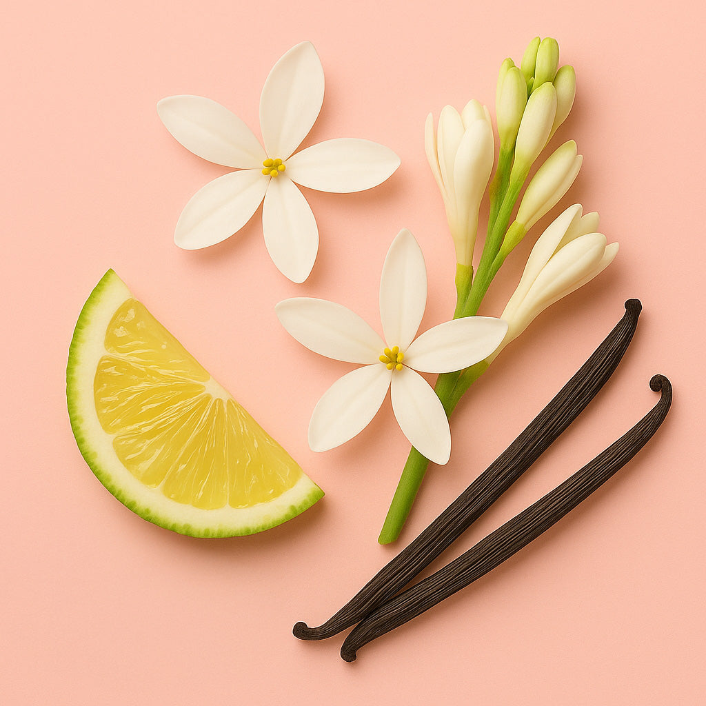 Una composizione di fiori bianchi, una fetta di limone e baccelli di vaniglia su uno sfondo rosa tenue, che cattura l'essenza di ÉCLAT Sweet White Flowers.