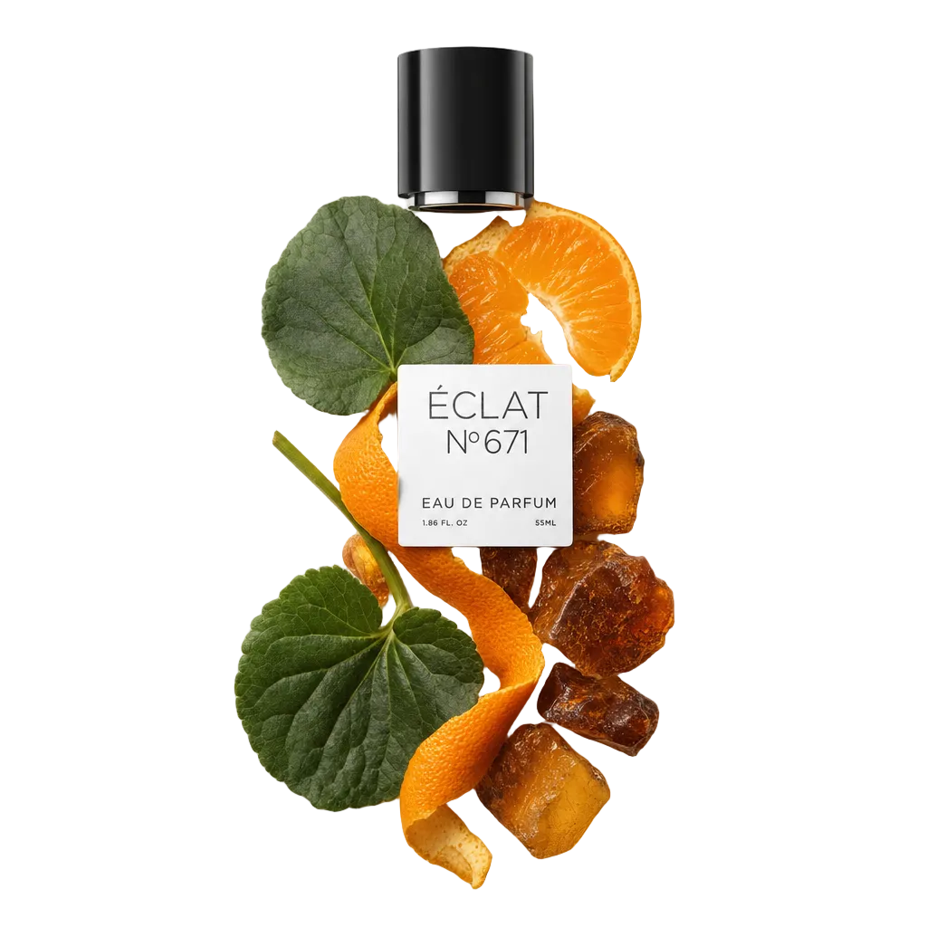Un arrangiamento di spicchi e scorza di mandarino, foglie di geranio e resina d'ambra circonda un tappo nero con etichetta ÉCLAT Synthetic Tangerine.
