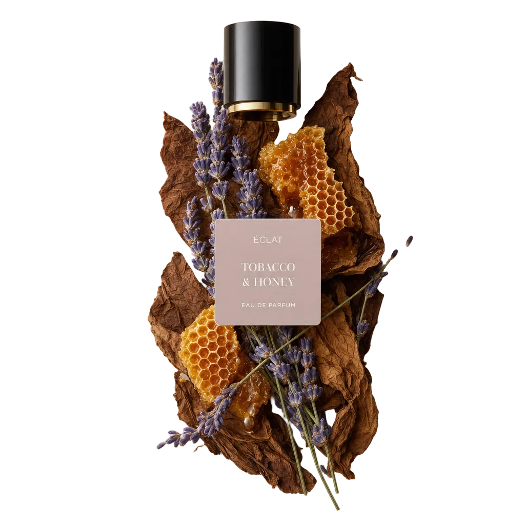 Un arrangiamento di foglie di tabacco essiccate, favo dorato e rametti di lavanda circonda un tappo nero con accento dorato etichettato ÉCLAT Tobacco & Honey.