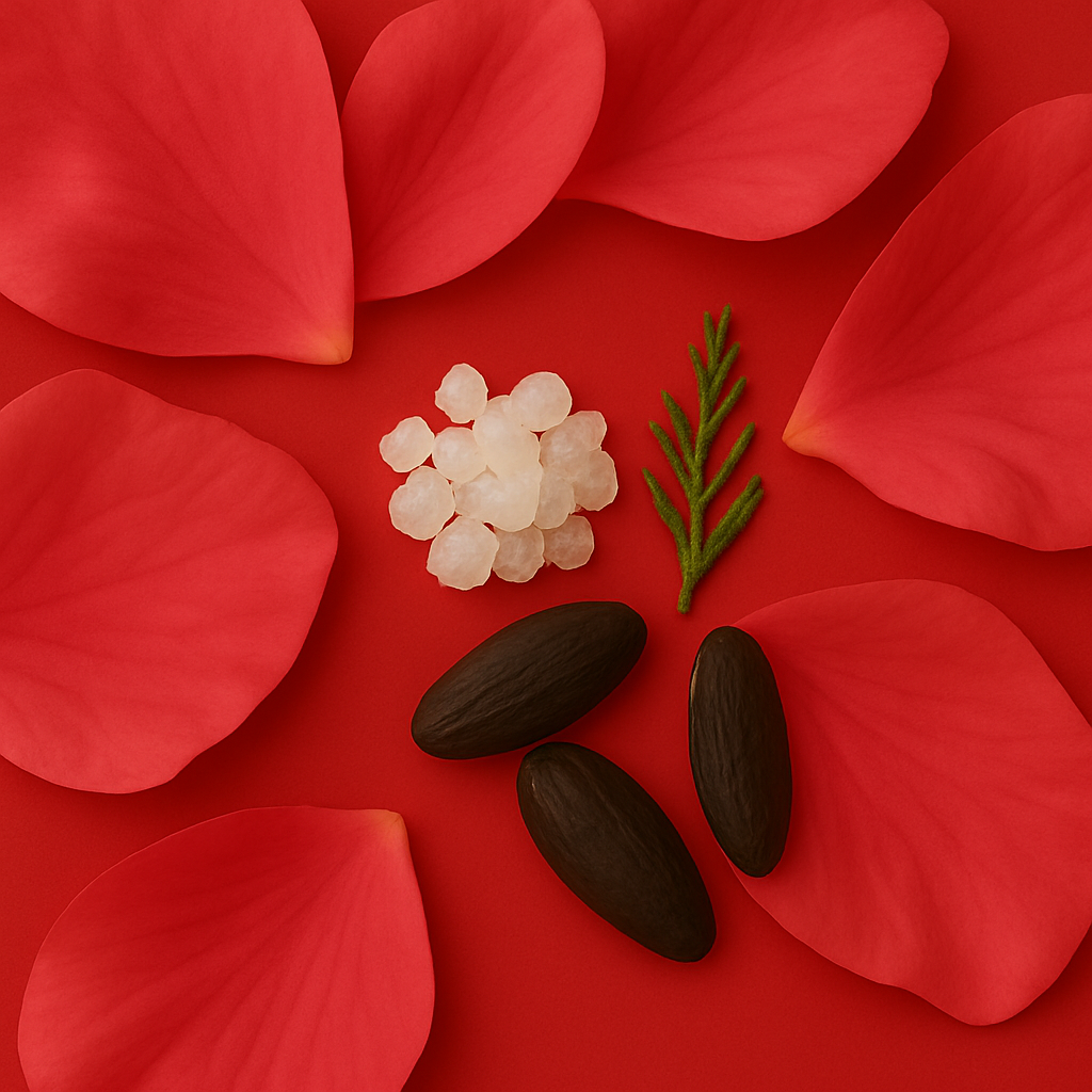 Petali di rosa sparsi, pietre di cristallo bianco, fave tonka e un rametto verde su sfondo rosso simboleggiano ÉCLAT Tonka Bean & Musk.