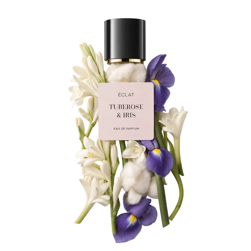Disposizione di fiori di tuberosa e iris con un tappo nero con etichetta ÉCLAT Tuberose & Iris.