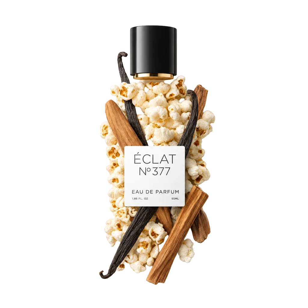 Un arrangiamento di popcorn, baccelli di vaniglia e bastoncini di cannella intorno al tappo nero di ÉCLAT Vanilla & Popcorn con etichetta.