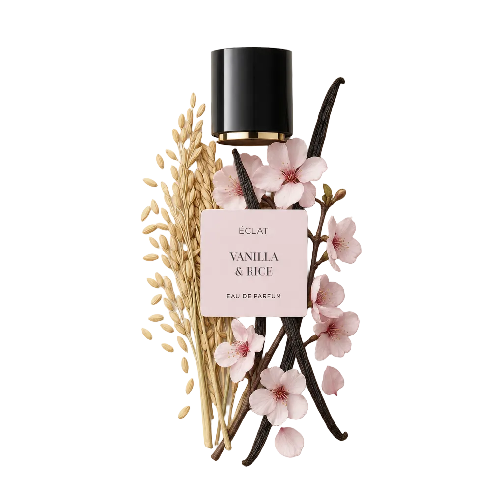 Grani di riso, baccelli di vaniglia e delicati fiori rosa disposti artisticamente circondano un tappo nero con l'etichetta ÉCLAT Vanilla & Rice.