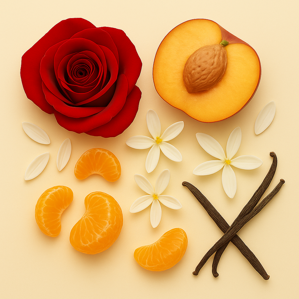 Una composizione di rosa rossa, metà pesca con nocciolo, spicchi di mandarino, baccelli di vaniglia e fiori bianchi su sfondo beige, che rappresenta ÉCLAT Vanilla & Tangerine.