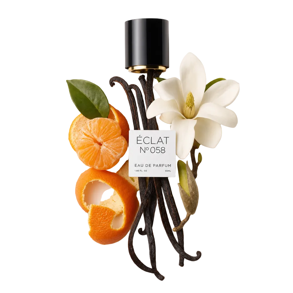 Un arrangiamento di baccelli di vaniglia, un mandarino sbucciato e un fiore di magnolia, con un tappo nero che porta l'etichetta ÉCLAT Vanilla & Tangerine.