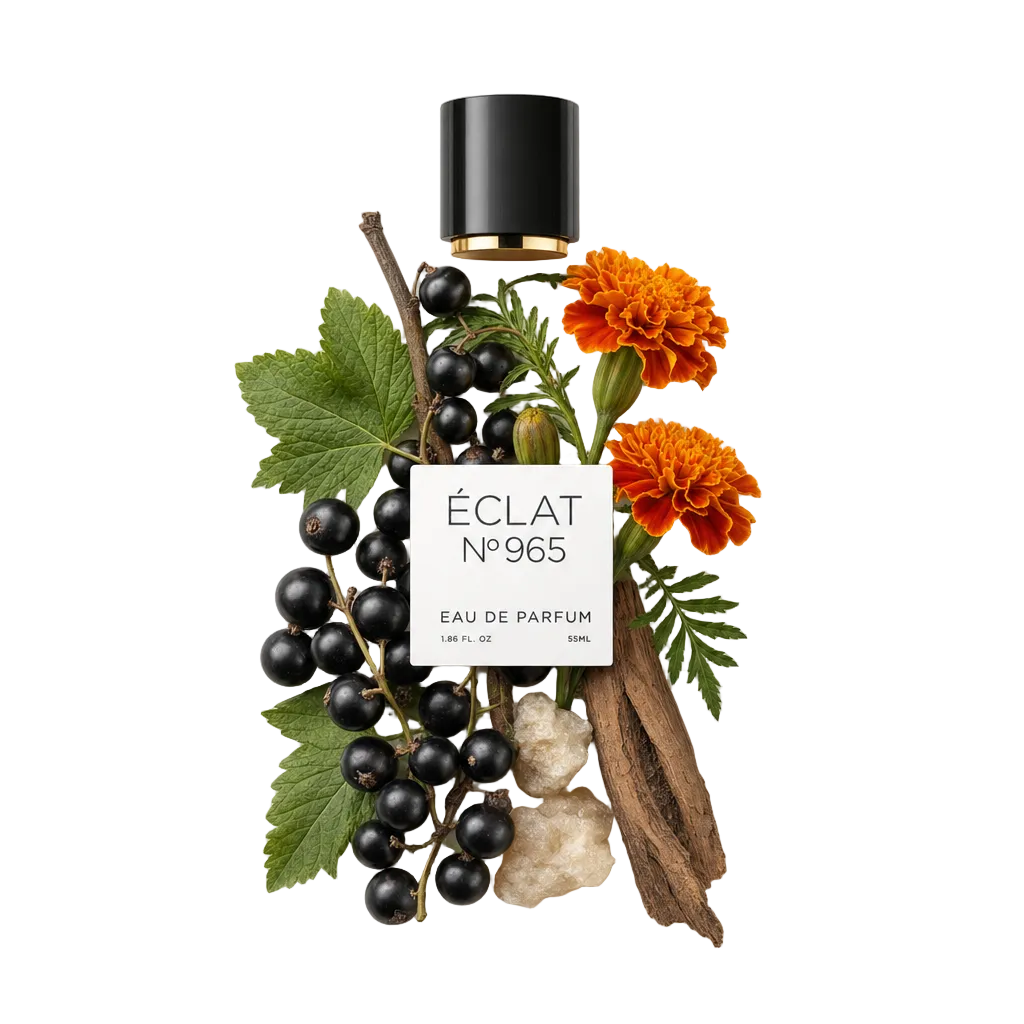 Una composizione di ribes nero, fiori di calendula e radice di vetiver circonda un tappo nero con etichetta, rappresentando ÉCLAT Vetiver & Tagetes.